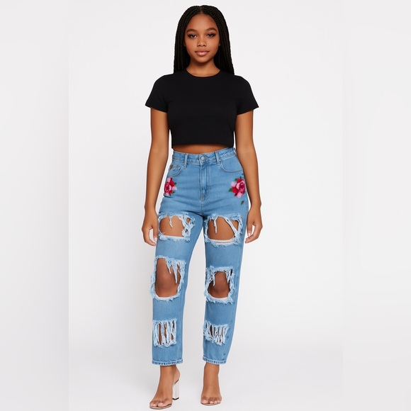 High-Waisted Distressed Rose Patch Jeans for Women – Trendy Shredded Denim - Picture 3 of 8